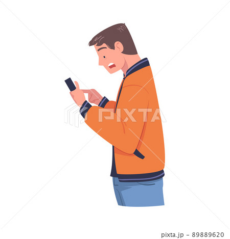 Man Character with Smartphone Reading Shock Content or News Vector Illustration 89889620