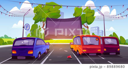 Drive-in movie theater with cars on parking Drive-in movie theater with cars on parking 89889680