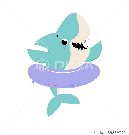 Comic Blue Shark as Marine Animal Floating with Rubber Ring in the Ocean Vector Illustration 89889705
