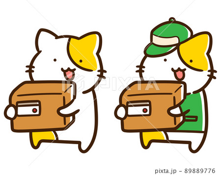 宅配の荷物を持つかわいいねこのキャラクターの手書き風イラストセットのイラスト素材 8776
