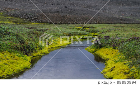 Panorama Huseyjarkvisl river valley near Middle of Nowhere in Iceland 89890994