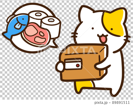 Handwritten style illustration of a cute cat carrying cardboard for food and everyday items 89891511