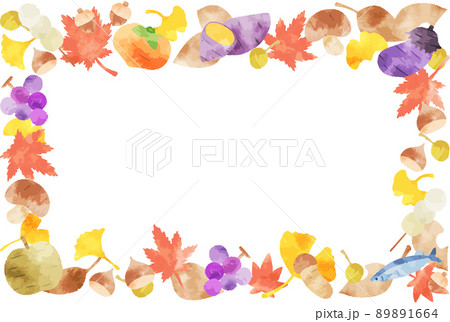 明るい秋をイメージした手描きのフレームイラスト 89891664