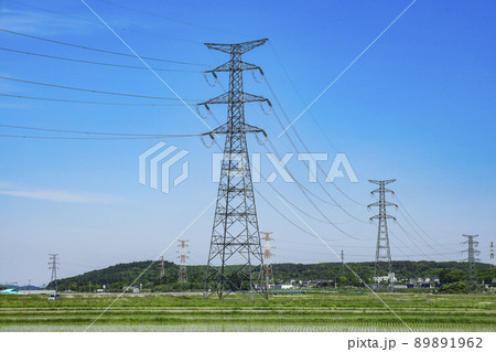 鉄塔　田園　送電線 89891962