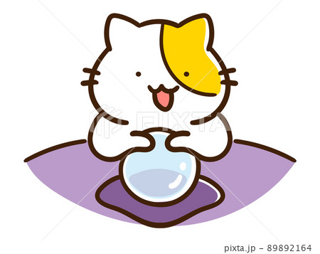 水晶玉で占いをするかわいいねこのキャラクターの手書き風イラストのイラスト素材 2164