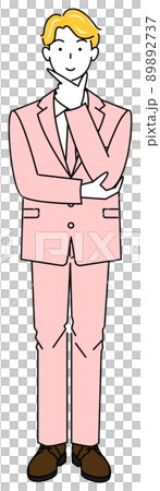 前向きに決策を考えているスーツ姿の可愛い男性 全身 立ち姿 イラスト ベクターのイラスト素材 2737