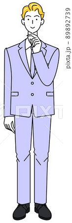 前向きに決策を考えているスーツ姿の可愛い男性 全身 立ち姿 イラスト ベクターのイラスト素材 2739