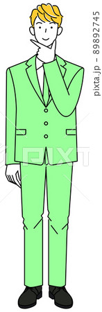 前向きに決策を考えているスーツ姿の可愛い男性 全身 立ち姿 イラスト ベクター 89892745