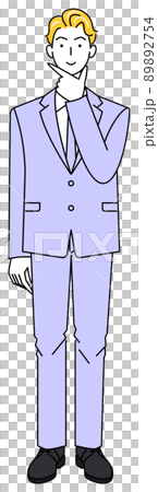 A cute man in a suit who is positively thinking about a decision Full body standing illustration vector A cute man in a suit who is positively thinking about a decision Full body standing illustration vector 89892754
