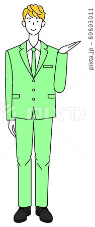 笑顔で指をさし紹介をしているスーツ姿の可愛い男性 全身 立ち姿 イラスト ベクターのイラスト素材 3011