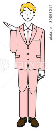 笑顔で指をさし紹介をしているスーツ姿の可愛い男性 全身 立ち姿 イラスト ベクターのイラスト素材 3014