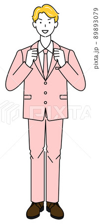 笑顔で控えめにファイティングポーズをしているスーツ姿の可愛い男性 全身 立ち姿 イラスト ベクターのイラスト素材 3079
