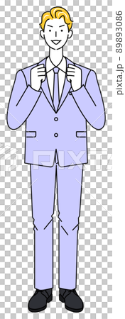 一個穿著西裝、微笑和謙虛的戰鬥姿勢的可愛男人全身站立插圖矢量 89893086