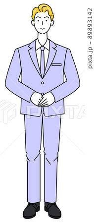 スーツ姿の可愛い男性の立ち姿 待機姿勢 左手を上にして手を組んでいる 全身 イラスト ベクターのイラスト素材 3142