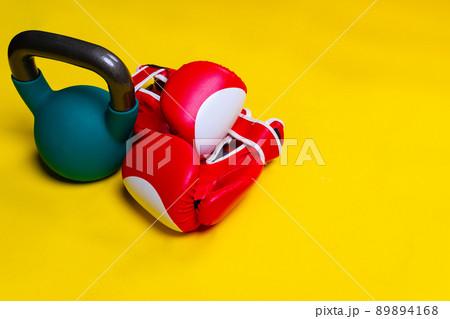 Space box yellow kettlebell red lue isolated background object, from bodybuilding gym from power and athletic white, competitive protection. Sportswear fighter boxer, Space box yellow kettlebell red lue isolated background object, from bodybuilding gym from power and athletic white, competitive protection. Sportswear fighter boxer, 89894168