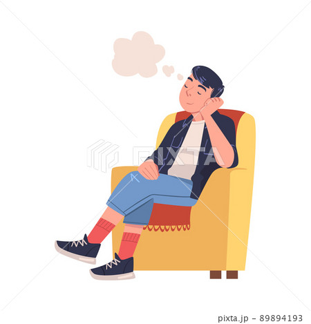 Man Character Daydreaming Imagining and Fantasizing Having Spontaneous Thought in Bubble Sitting in Armchair Vector Illustration Man Character Daydreaming Imagining and Fantasizing Having Spontaneous Thought in Bubble Sitting in Armchair Vector Illustration 89894193