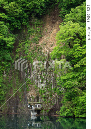 猿ヶ京温泉の赤谷湖 新緑の山肌と幻想的な水鏡の風景 猿ヶ京温泉の赤谷湖 新緑の山肌と幻想的な水鏡の風景 89894325