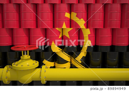 Gas pipe and barrels with petrochemicals with flag of Angola. Petroleum industry related 3d rendering Gas pipe and barrels with petrochemicals with flag of Angola. Petroleum industry related 3d rendering 89894949