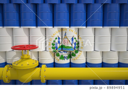 Barrels with flag of El Salvador and gas transportation pipe. 3d rendering Barrels with flag of El Salvador and gas transportation pipe. 3d rendering 89894951