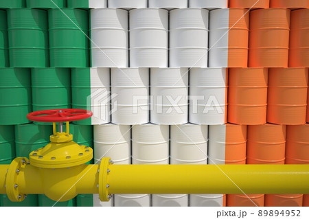 Gas pipe and barrels with petrochemicals with flag of Ireland. Petroleum industry related 3d rendering Gas pipe and barrels with petrochemicals with flag of Ireland. Petroleum industry related 3d rendering 89894952