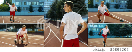 Horizontal poster with images of one Caucasian man, female athlete, runner training at public stadium, sport court or running track outdoors. Horizontal poster with images of one Caucasian man, female athlete, runner training at public stadium, sport court or running track outdoors. 89895202