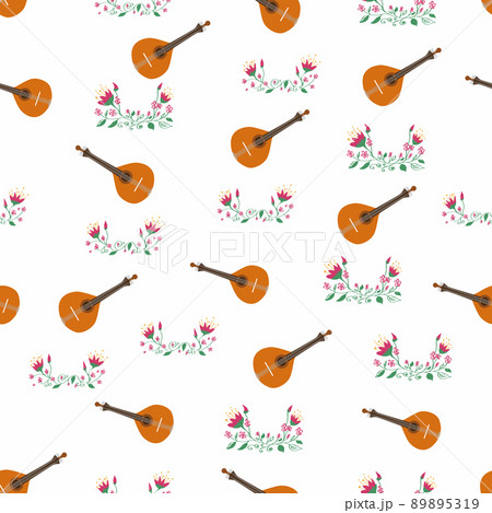 Portuguese guitar seamless pattern with flowers, typical azulejo tiles. Music and musical traditions pattern 89895319