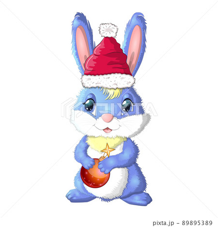 Cute cartoon bunny in santa hat with christmas ball. Winter 2023, Christmas and New Year. Cute cartoon bunny in santa hat with christmas ball. Winter 2023, Christmas and New Year. 89895389