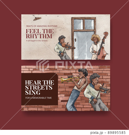 Twitter template with diverse music on street concept,watercolor style 89895585