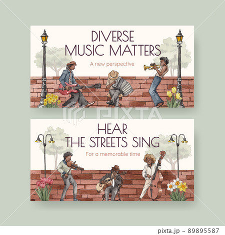 Twitter template with diverse music on street concept,watercolor style 89895587