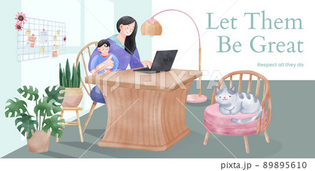 Blog header template with woman work from home concept,watercolor style 89895610