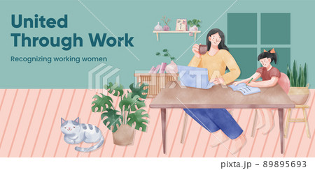 Blog header template with woman work from home concept,watercolor style Blog header template with woman work from home concept,watercolor style 89895693