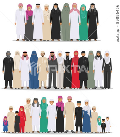 Family and social concept. Arab person generations at different ages. Group young and old muslim people standing together in different traditional islamic clothes on white background in flat style. 89896456