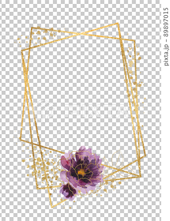 Geometric golden frame with Watercolor Purple and golden peonies flowers illustration Geometric golden frame with Watercolor Purple and golden peonies flowers illustration 89897015
