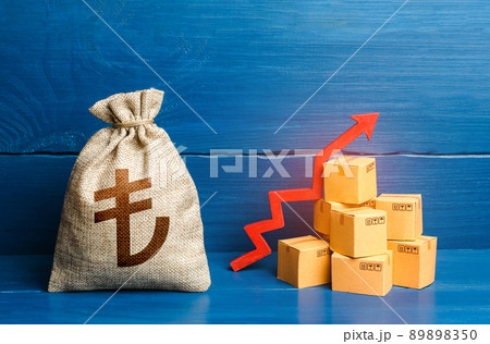 Turkish lira money bag with boxes and up arrow. Good consumer sentiment and demand for goods. High sales. Production rise. Growing transportation prices. Income increase, growing economy. 89898350