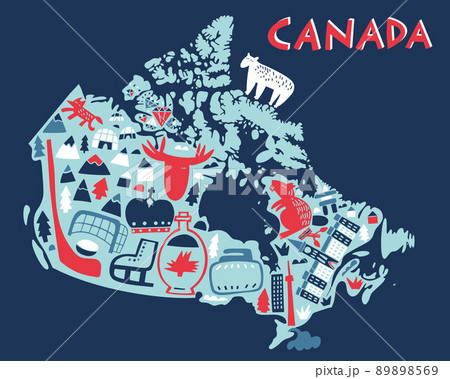 Vector hand drawn stylized map of Canadian landmarks. Canada travel illustration. North America map Vector hand drawn stylized map of Canadian landmarks. Canada travel illustration. North America map 89898569