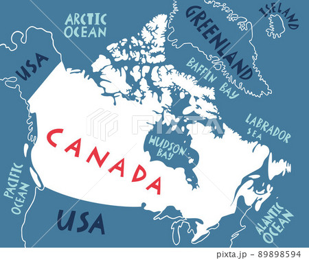 Vector hand drawn stylized map of Canadian region with water names and neighbor countries. Canada travel illustration. North America map Vector hand drawn stylized map of Canadian region with water names and neighbor countries. Canada travel illustration. North America map 89898594