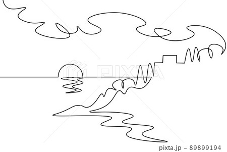 Single continuous one line art sunny ocean view. Sea voyage sunrise holiday tropical luxury journey sunset concept design sketch outline drawing vector illustration 89899194