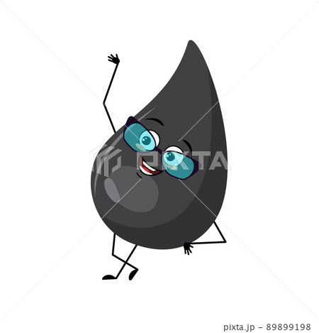 Cute fuel or gasoline drop character with glasses and happy emotion, face, smile eyes, arms and legs. Fluid man with funny expression, black oil man. Vector flat illustration Cute fuel or gasoline drop character with glasses and happy emotion, face, smile eyes, arms and legs. Fluid man with funny expression, black oil man. Vector flat illustration 89899198