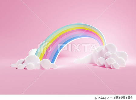 3D rendering of colorful pastel clouds and rainbow with empty space for kids or baby products. 3D rendering of colorful pastel clouds and rainbow with empty space for kids or baby products. 89899384