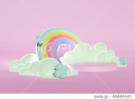 3D rendering of colorful pastel clouds and rainbow with empty space for kids or baby products. 3D rendering of colorful pastel clouds and rainbow with empty space for kids or baby products. 89899385