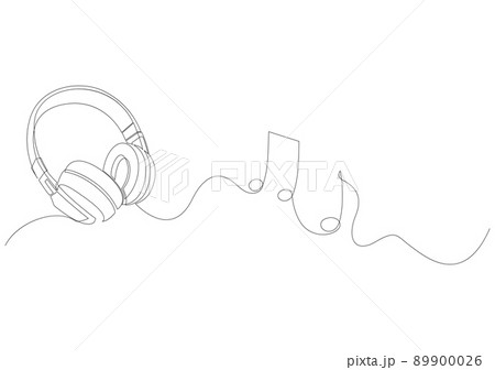 One line headphones. Continuous drawing of music gadget and note. Audio headphone outline sketch. Lineart vector concept of musical symbol 89900026