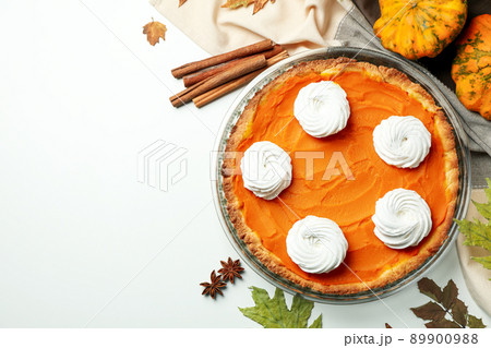 Concept of tasty food with pumpkin pie on white background 89900988