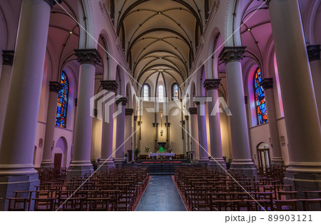 Ixelles, Brussels Capital Region - Belgium - Purple interior design of the gothic Carmelites church near the Louise square 89903121