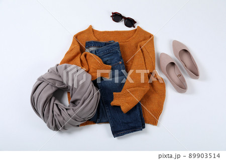 Autumn style clothes on white background, top view 89903514