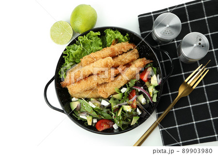 Concept of tasty food with deep-fried shrimp on dark table 89903980