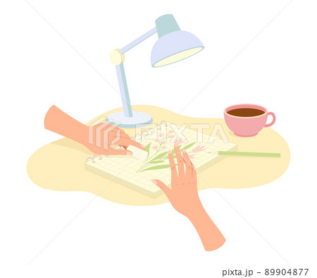 Hands Drawing Flowers with Pencil on Paper in Sketchbook as Handmade Craft Vector Illustration Hands Drawing Flowers with Pencil on Paper in Sketchbook as Handmade Craft Vector Illustration 89904877