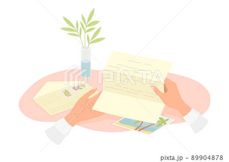 Human Hands Reading Letter with Postcard and Envelope Rested Nearby Vector Illustration 89904878