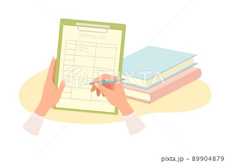 Human Hands Writing Something on Clipboard with Pen and Pile of Books Rested Nearby Vector Illustration Human Hands Writing Something on Clipboard with Pen and Pile of Books Rested Nearby Vector Illustration 89904879
