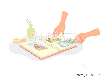 Human Hands Sticking Photo Card in Album at Table Vector Illustration 89904880