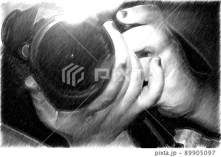 Drawing of a person holding a camera ready to take a picture. 89905097